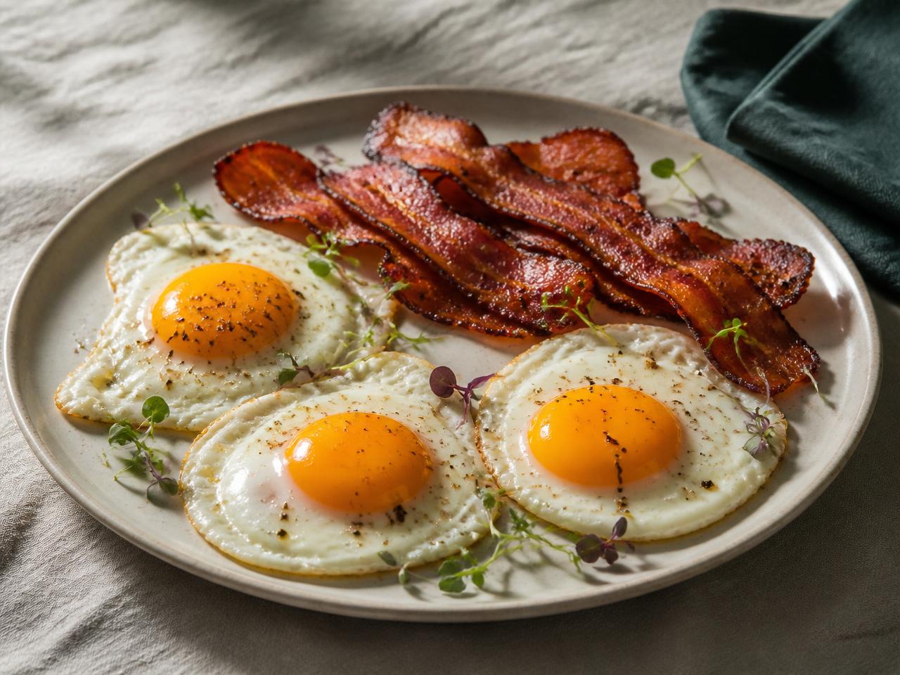 Perfectly cooked sunny-side eggs with crisp turkey bacon on an ivory plate